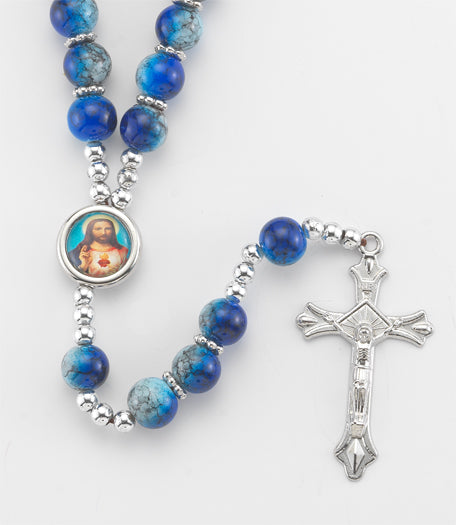 9MM BLUE ROUND MARBLE FINISHED BEAD ROSARY