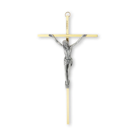 2012 BRASS CRUCFIX---10" Brass Plated Cross with Antiqued Silver Plated Corpus