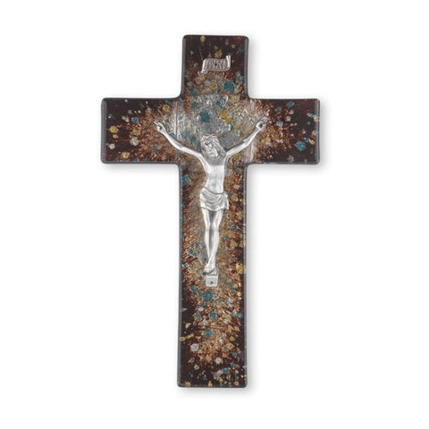 26P-10SC-5-----10" Brown Speckled Glass Cross With Pewter Corpus