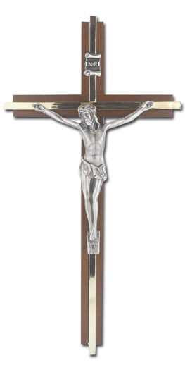 WALNUT FINISH BRASS INLAY CROSS WITH ANTIQUED SILVER PLATED CORPUS
