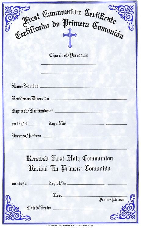 First Communion Certificate   English and Bilingual