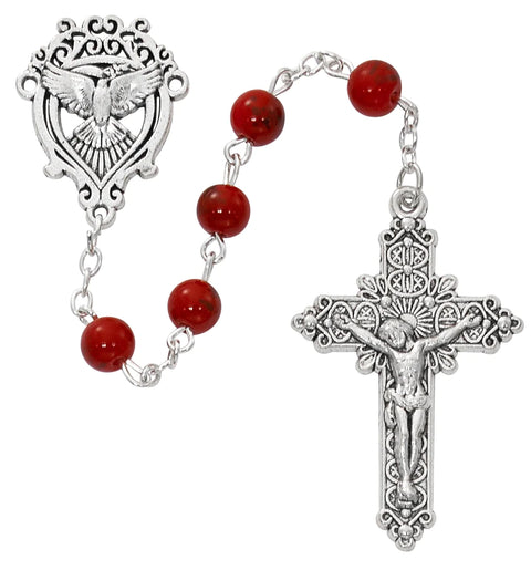 P270R  RED IMMIATATION MARBLE BEADS WITH SILVER OXIDIZED CRUCIFIX AND CENTER