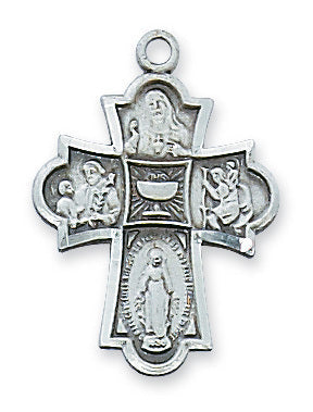 AN573P   PLATED PEWTER 4- WAY MEDAL WITH 18" RHODIUM CHAIN
