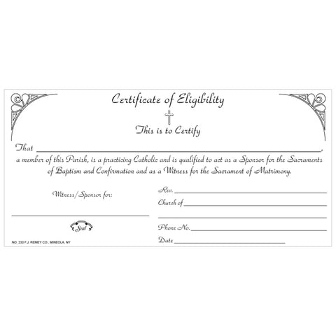 330 Certificate of Eligibility / Sponsor Certificate Pad Of 50