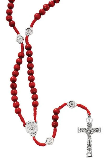 P265R  Holy Spirit Red Wood Corded Rosary