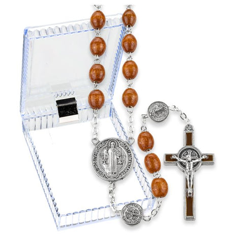 189BNX  St Benedict Brown Wood Rosary with Pater Beads Boxed
