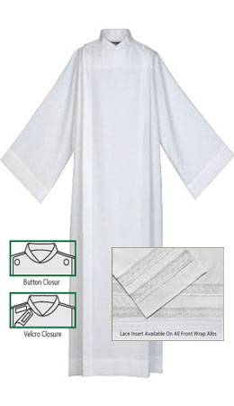 Front Wrap Alb, White 65% Polyester/35% Cotton Abbey Weave 433 434 - Albs - Patrick Baker & Sons