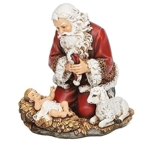 633312 Kneeling Santa Holding Hat with Baby and Lamb Figurine, 5 inch,