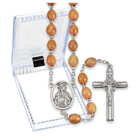 01107BX  Olive Wood Rosary in a Clear Hinged Box