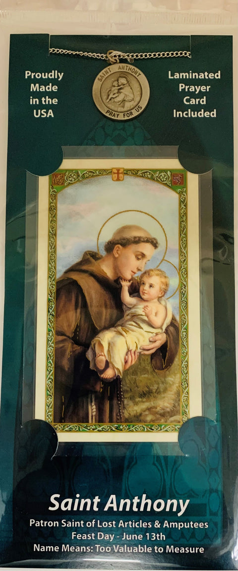 FC 1004 PT ST ANTHONY ROUND PEWTER MEDAL ON 24" CHAIN WITH HOLY CARD