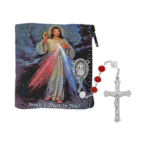 (P520RP) RED & WHITE CRYSTAL DIVINE MERCY ROSARY & POUCH