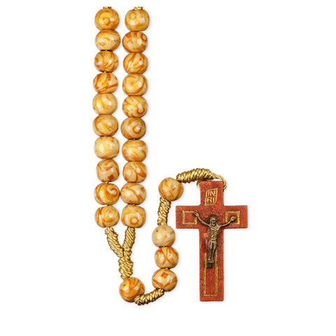01177NT 8mm Round Marbleized Light Wood Bead Rosary with Wood Crucifix