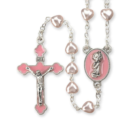Pink Heart Shaped Bead Rosary with a Pink Enameled Girl Center