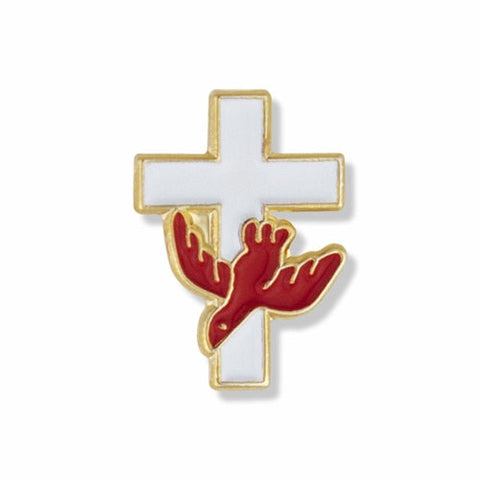CG-267 OR SJ0026----1/2 x 3/8 Inch Gold and Enameled Descending Dove on Cross Lapel Pin