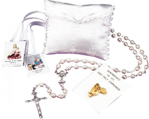 First Communion White Satin Case & Rosary Set