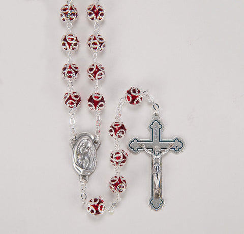 8MM RUBY CAPPED METAL BEAD ROSARY WITH CROSS & CENTER