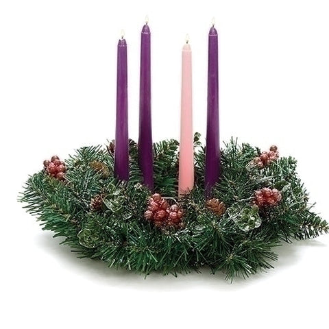 133834 14"D WREATH PINECONE AND BERRY FROSTED ; METAL CANDLEHOLDER ONLY