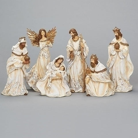 134150---12"H 6PC ST NATIVITY; CREAM GOWN W/GOLD ROPE TRIM