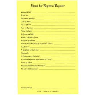 Baptismal Blank Register Form - Certificates - Patrick Baker & Sons