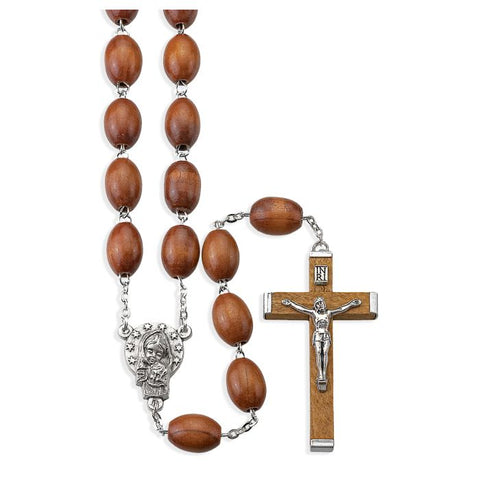 Large Brown Oval Wood Bead Rosary with Metal Centerpiece and Wood Crucifix   30" Long