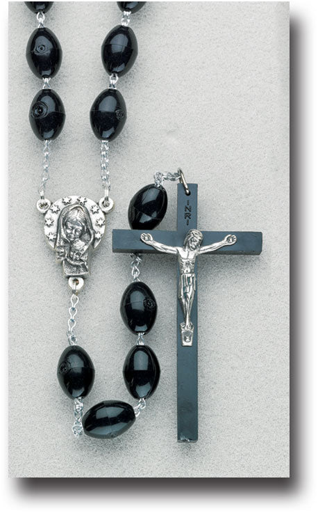 191BK BLACK PLASTIC QUADRUPLE LINK LARGE OVAL BEAD ROSARY 30" LONG