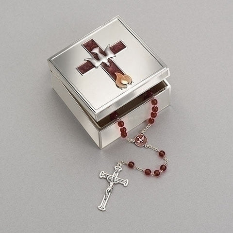 CONFIRMATION BOX W/DOVE AND FLAME ICONS/ BOX ONLY ROSARY NOT INCLUDED.