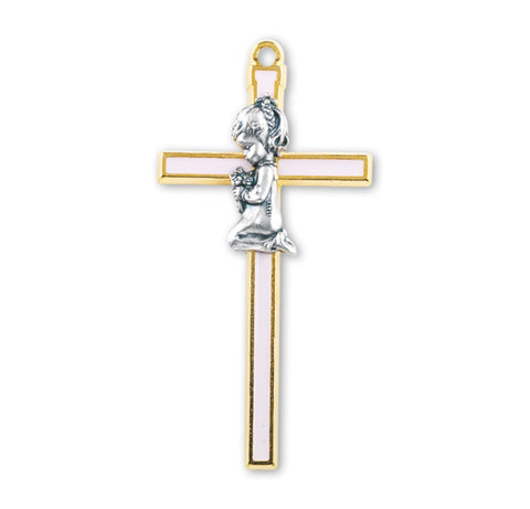Pink Enameled Cross with a Praying Girl Figure