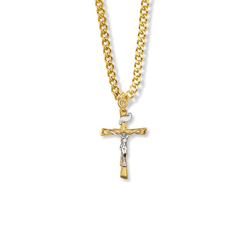 1 Inch Two-Tone 14K Gold Over Sterling Silver Wooden Log Crucifix Necklace
