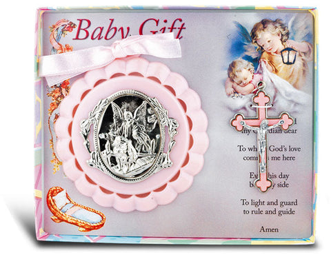 PINK CRIB MEDAL WITH CRUCIFIX