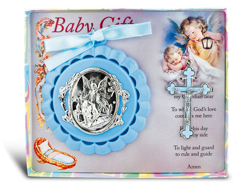 BLUE CRIB MEDAL WITH CRUCIFIX