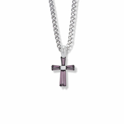Sterling Silver and Glass Crystal February Birthstone Baguette Cross Necklace