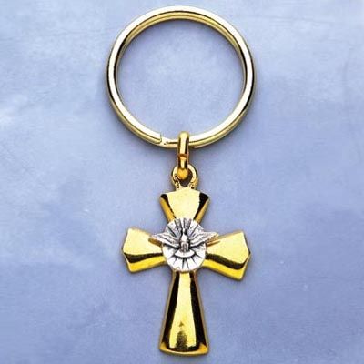 GOLDTONE CROSS KEYCHAIN WITH SILVER HOLY SPIRIT MEDALLION