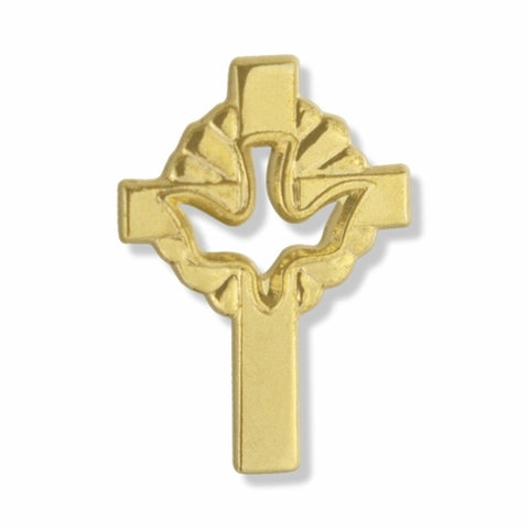3/4 x 1/2 Inch Gold Pierced Descending Dove and Cross Lapel Pin