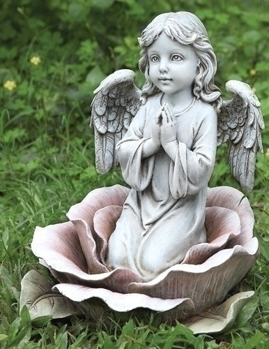 64555---11"H ANGEL KNEELING IN ROSE GARDEN STATUE