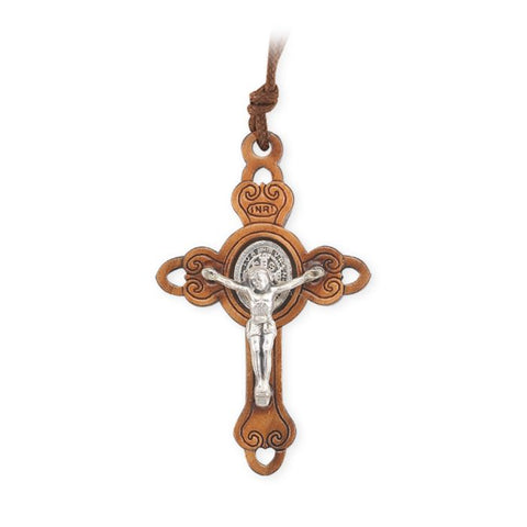 1-4/5" Saint Benedict Laser Cut Olive Wood Crucifix with a Cord