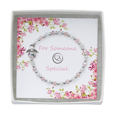BR140 Youth Pink & Clear Glass Angel Stretch Bracelet Boxed