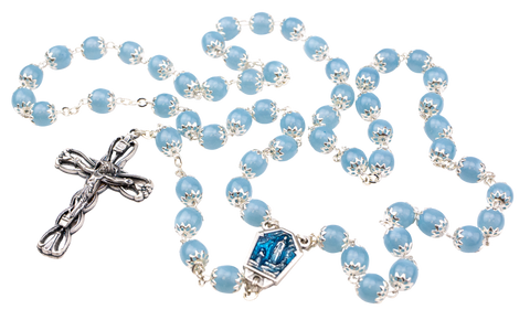 601r   Our Lady Of Lourdes Water Rosary With Capped Light Blue Beads