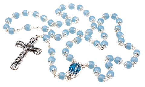 Lourdes Water Rosary With Capped Light Blue Beads