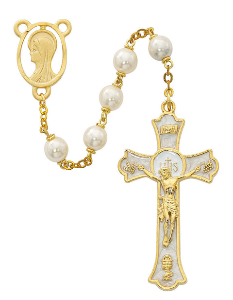 (R563HF) 7MM GOLD AND PEARL ROSARY