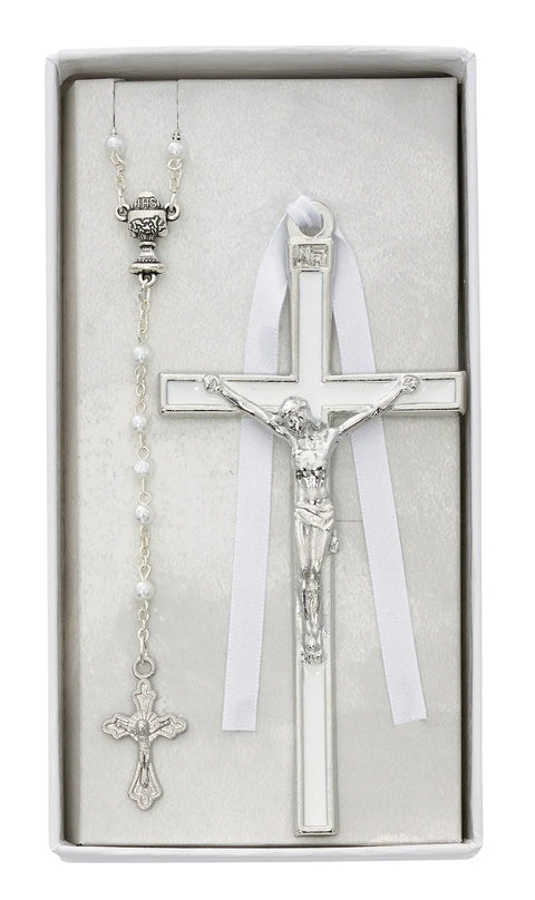 CBS3  5" WHITE ENAMELED CRUCIFIX WITH WHITE PEARL ROSARY