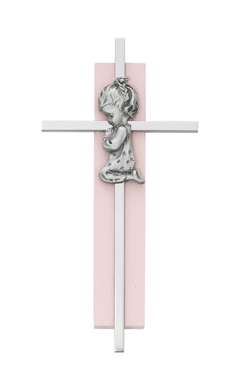 6" SILVER CROSS ON PINK WOOD
