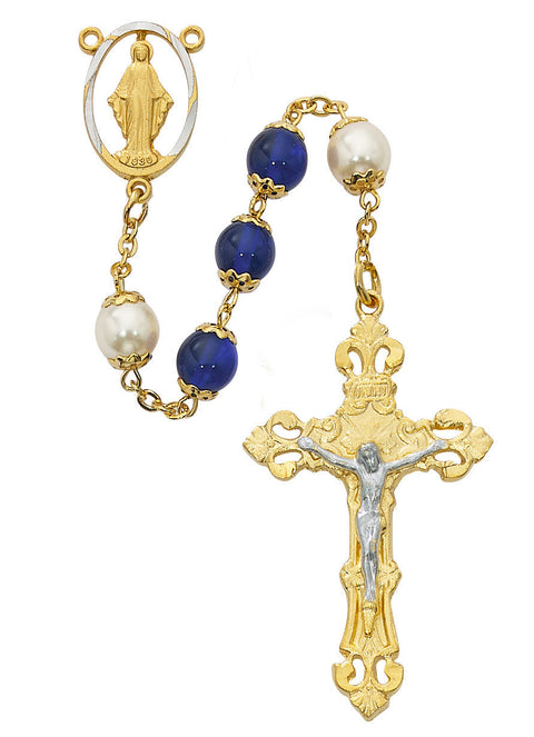 8MM BLUE AND PEARL CAPPED BEADS WITH GOLD PLATED 2-TONE PEWTER CRUCIFIX AND CENTER.