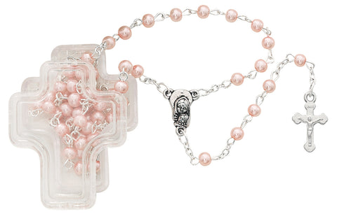 901pkcb  PINK PEARL ROSARY IN CROSS BOX