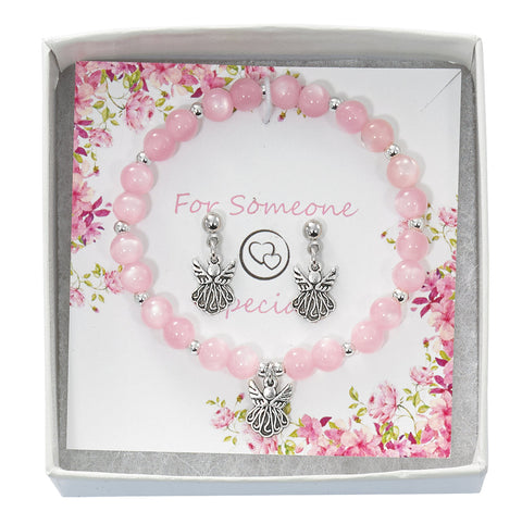 PINK CAT'S EYE ANGEL BRACELET AND EARRING SET