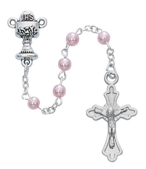 WHITE,HEMATITE AND PINK COMMUNION ROSARY