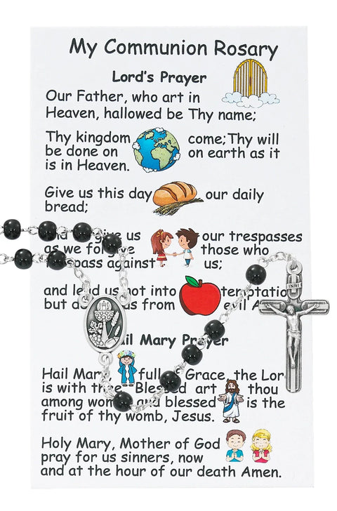 BLACK GLASS COMMUNION ROSARY WITH "MY COMMUNION ROSARY" PRAYER CARD