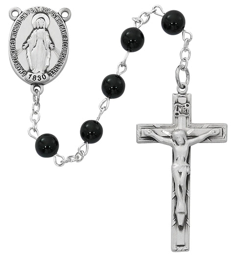 R883LF STERLING SILVER  BLACK ONXY MIRACULOUS CENTER ROSARY