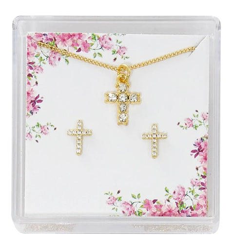 GOLD PLATED TINY CRYSTAL CROSS EARRINGS AND PENDANT SET