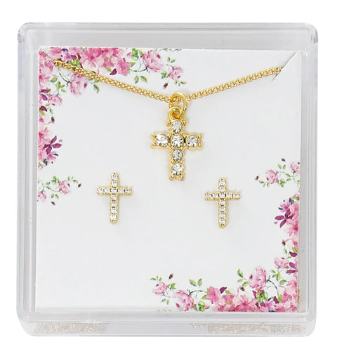 GOLD PLATED TINY CRYSTAL CROSS EARRINGS AND PENDANT SET