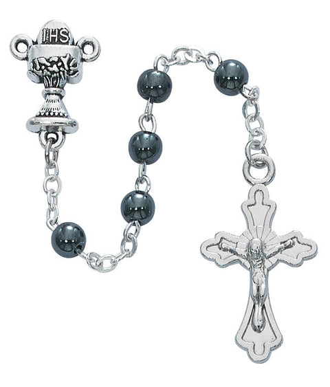 WHITE,HEMATITE AND PINK COMMUNION ROSARY